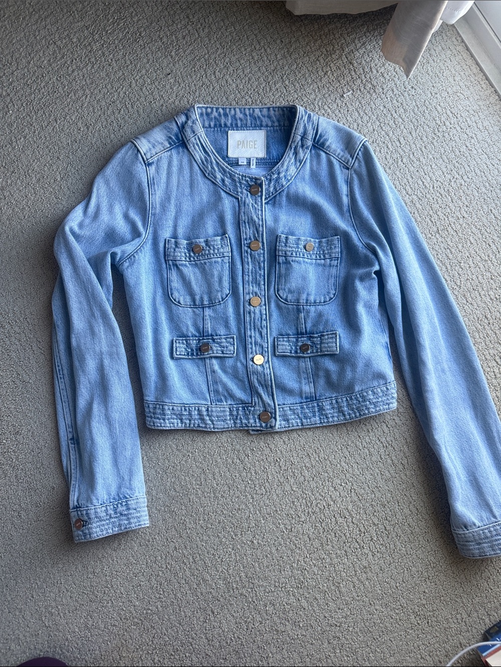 PAIGE Light Blue Cropped Jean Jacket with Snap Buttons